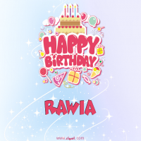 إسم Rawia مكتوب على صور عيد ميلاد بالإنجليزي